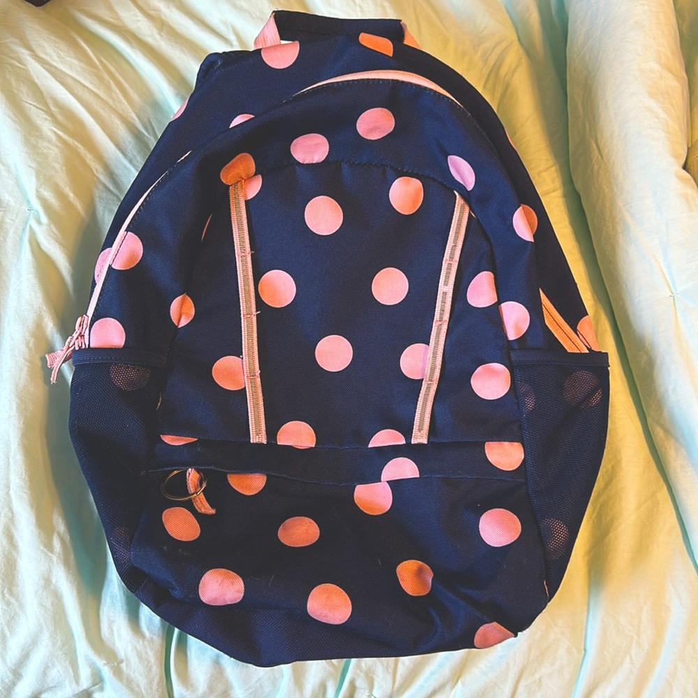 Lands End Backpack - Navy with pink polka dot